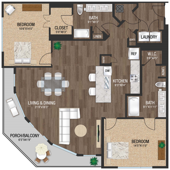 Floor plan for 2 beds, 2 baths, 1221 sqft